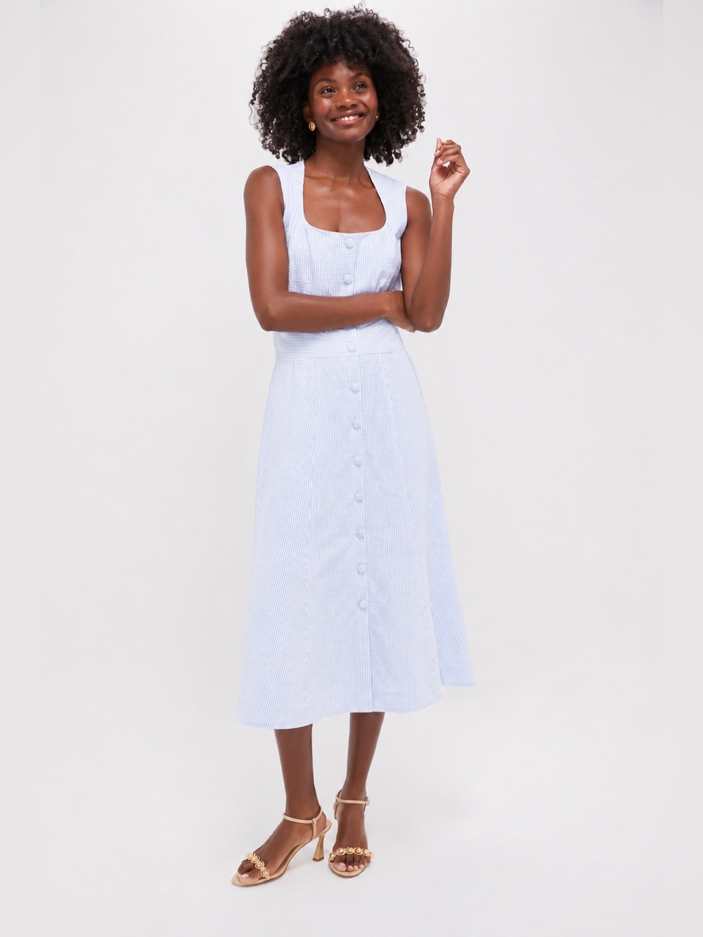 NWT Pomander Place Blue Seersucker Dress Medium | Missing Belt | Dirt on Back